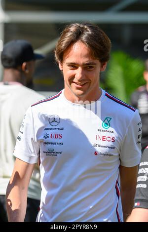 4. Mai 2023: Miami International Autodrome, Miami Gardens, Florida, USA: Formula 1 Crypto.com Miami Grand Prix 2023: Ankunft und Inspektion Tag: MoneyGram Haas Reservefahrer Esteban Gutierrez lächelt im Team Village. Stockfoto