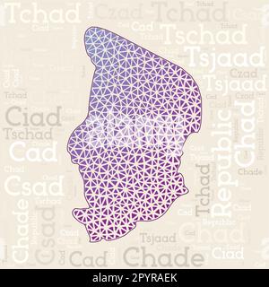Chad-Kartendesign. Ländernamen in verschiedenen Sprachen und Kartenform mit geometrischen niedrigen Poly-Dreiecken. Erstaunliche Vektor-Illustration des Tschad. Stock Vektor