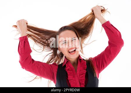 Gestresste Geschäftsfrau, Die Sich Die Haare Rausreißt Stockfoto