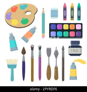 Materialien von Künstlern, Malwerkzeuge, Vektorgrafiken, Aquarellfarben, Pinsel, Buntstifte und andere zeichnen Materialien, die auf weißem Hintergrund isoliert sind. Stock Vektor