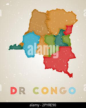 DR. Kongo-Karte. Länderposter mit farbigen Bereichen. Alte Grunge-Textur. Vektordarstellung von DR Kongo mit Ländername. Stock Vektor