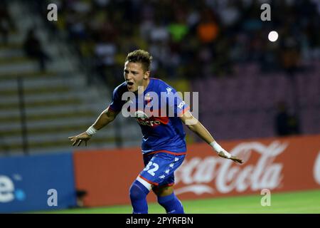 Valencia, Carabobo, Venezuela. 3. Mai 2023. 03. Mai 2023. Mateo Retegui aus Tigre feiert sein Tor im Mach, einem Gruppenspiel der Copa Sudamericana, der Academia Puerto Cabello (Venezuela) und Tigre aus Argentinien, die im Misael Delgado Stadion in Valencia, Venezuela, gespielt werden. Foto: Juan Carlos Hernandez (Kreditbild: © Juan Carlos Hernandez/ZUMA Press Wire) NUR REDAKTIONELLE VERWENDUNG! Nicht für den kommerziellen GEBRAUCH! Stockfoto