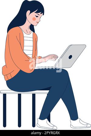 Lächelnde Geschäftsfrau, während sie an einem weißen Notebook arbeitete Stock Vektor