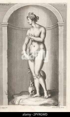 Die Medici Venus mit Delfin und Putto. Römische Göttin der Liebe und Schönheit, griechische Aphrodite. Von einer Skulptur in der Villa Medici, Rom. Jetzt in den Uffizien, Florenz. Copperplate-Gravur von Richard Collin nach einer Illustration von Joachim von Sandrart von seiner L’Academia Todesca, della Architectura, Scultura & Pittura, oder Teutsche Academie, der Edlen Bau- Bild- und Mahlerey-Kunste, Deutsche Akademie für Architektur, Skulptur und Gemälde, Jacob von Sandrart, 1675. Stockfoto