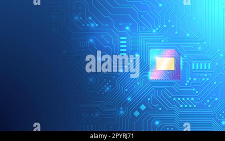 Chipset mit KI-Technologie auf Leiterplatte in futuristischem Gradientenblau-Hintergrund Stockfoto