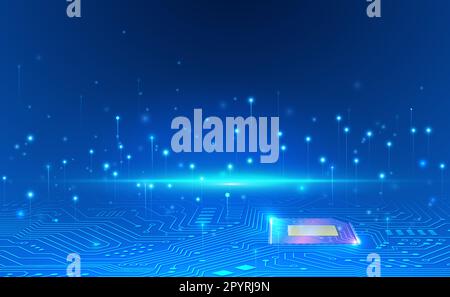 Chipset mit KI-Technologie auf Leiterplatte in futuristischem Farbverlauf blau leuchtender Punkt eleganter Hintergrund Stockfoto