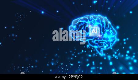KI-Technologie-Chipset auf abstraktem, glänzendem Gradientengehirn mit futuristischem blauem Hintergrund Stockfoto