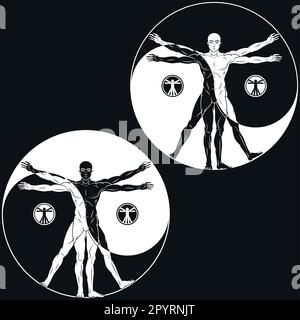 Illustration des Vitruvianischen Mannes, Untersuchung der Anatomie des menschlichen Körpers, Canon menschlicher Proportionen mit Yinyang-Symbol Stock Vektor