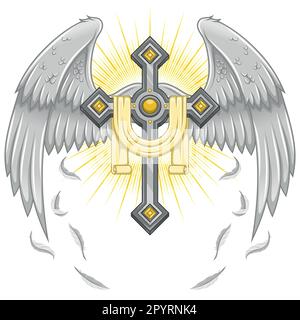 Vektordesign eines geflügelten Kreuzes mit Band, himmlisches Kreuz mit Flügeln, christliche Symbologie des Paradieses Stock Vektor