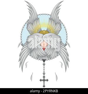 Vektordesign der Seraphim mit christlichem Rosenkranz, Symbol der katholischen Religion Stock Vektor