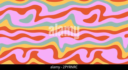Groovy Hippie 70s Psychedelic Curved Horizontal Background. Nahtloses Vektor-Streifenmuster im trendigen Stil der Siebziger Jahre für Webdesign und soziale Medien Stock Vektor