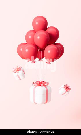Weiße Geschenkboxen mit roter Schleife und Ballons auf pinkfarbenem Hintergrund. 3D-Rendering. Digitale Zeichnung. Stockfoto