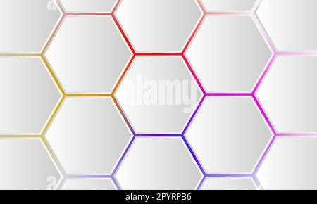 Weißer abstrakter 3D-hexagonaler Vektor-Hintergrund. Bunte, helle Energie blinkt unter dem Sechseck im futuristischen Hintergrund moderner Technologie Stock Vektor