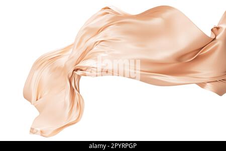 Brauner Seidenstoff, goldenes Stoffmaterial, das im Wind fliegt, 3D-Rendering. Digitale Zeichnung. Stockfoto