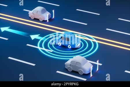 Autonomous Self Driving Car Moving through highway, Autopilot and sensing systems, 3d rendering. Digital drawing. Stockfoto