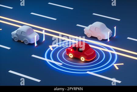 Autonomous Self Driving Car Moving through highway, Autopilot and sensing systems, 3d rendering. Digital drawing. Stockfoto