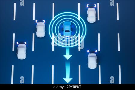 Autonomous Self Driving Car Moving through highway, Autopilot and sensing systems, 3d rendering. Digital drawing. Stockfoto