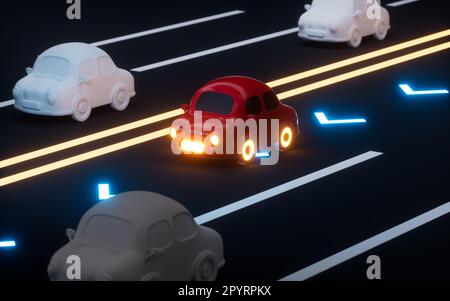 Autonomous Self Driving Car Moving through highway, Autopilot and sensing systems, 3d rendering. Digital drawing. Stockfoto