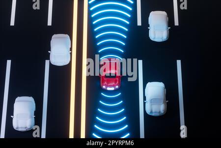 Autonomous Self Driving Car Moving through highway, Autopilot and sensing systems, 3d rendering. Digital drawing. Stockfoto
