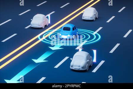 Autonomous Self Driving Car Moving through highway, Autopilot and sensing systems, 3d rendering. Digital drawing. Stockfoto