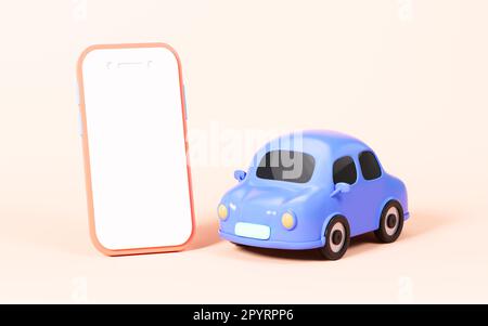 Handy und blaues Cartoon-Auto im gelben Hintergrund, 3D-Rendering. Digitale Zeichnung. Stockfoto