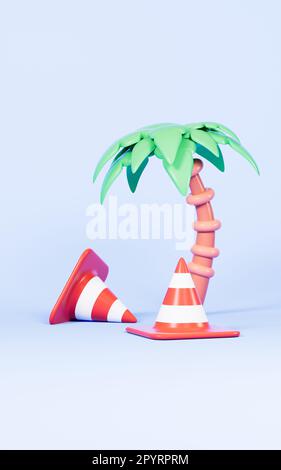 Cartoon-Kegel und Bäume im blauen Hintergrund, 3D-Rendering. Digitale Zeichnung. Stockfoto