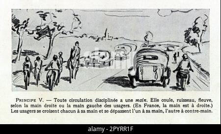 Code de la Route ancien, 1929, principe V, toute circulation disciplinée a une main. Elle coule, ruisseau, fleuve, selon la main droite ou la main Stockfoto