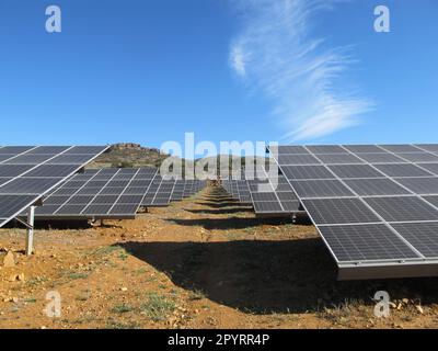 Puertollano, Spanien. 18. April 2023. Etwa zehn Kilometer von der Produktionsanlage für grünen Wasserstoff entfernt wird der dafür benötigte Strom aus Solarenergie erzeugt. Auf 246 Hektar an einem Hang befinden sich hier sogenannte bifaciale Solarmodule, die oben und unten fotoaktive Zellen haben und eine Gesamtfläche von 491.400 Quadratmetern haben. Die Anlage hat eine Kapazität von 100 Megawatt und kostet 80 Millionen Euro. (Dpa: „Spanien wird wichtiger Lieferant von grünem Wasserstoff für Deutschland“) Kredit: Jan-Uwe Ronneburger/dpa/Alamy Live News Stockfoto