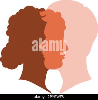 Einheit, Beziehungen, psychische Gesundheit, Liebe und Gedanken teilen, Konzeptdarstellung, männliche und weibliche Köpfe im Profil, die sich überschneiden. Stock Vektor