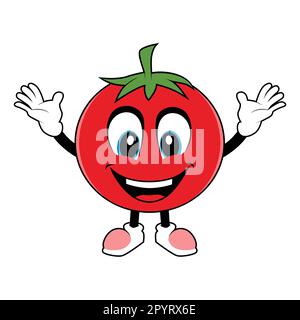 Tomaten-Frucht-Cartoon-Maskottchen mit fröhlichem, lächelndem Gesicht. Vektordarstellung der Figur der roten Tomate mit verschiedenen süßen Ausdrücken Stock Vektor