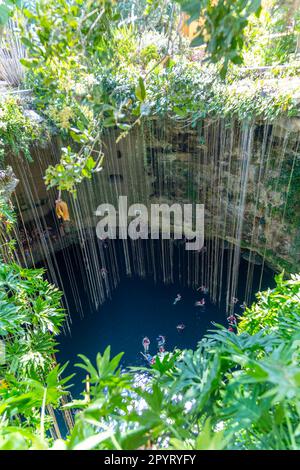Menschen schwimmen im Kalksteinbecken, Cenote Ik kil, Pisté, Yucatan, Mexiko Stockfoto