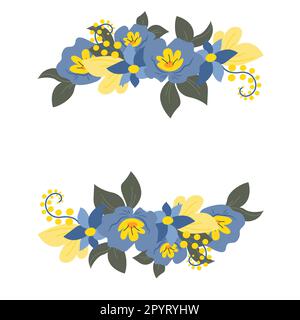 Blumenrahmen in Gelb und Blau auf weißem Hintergrund, Vektordarstellung Stock Vektor