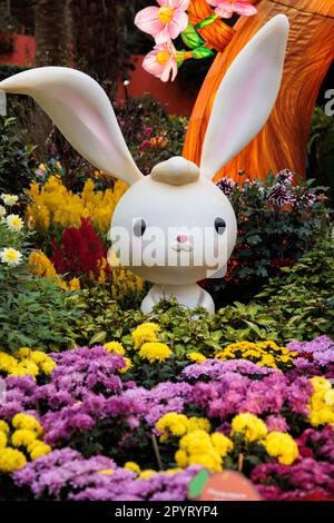 Süßes und bezauberndes Kartoon-ähnliches Kaninchen, das aus den Blumen in den Gärten an der Bucht - Singapur - erwacht Stockfoto