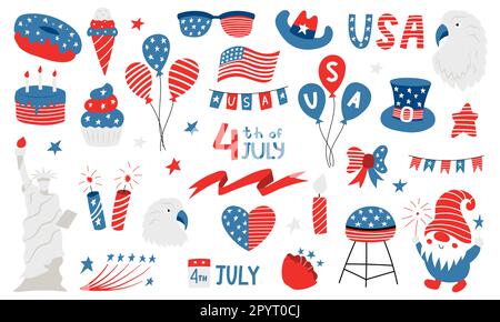 US-amerikanische Nationalsymbole für den Unabhängigkeitstag. 4. Juli Clipart. Ballons, amerikanische Flagge, Gnom, Adler, Freiheitsstatue. Vektor Stock Vektor