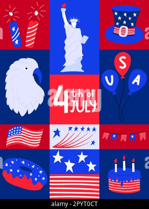 Poster mit nationalen Symblos des Unabhängigkeitstages der USA. Grußkarte für den 4. Juli. Adler, Flagge, Donut, Hut. Patriotische Elemente in rechteckigen Formen Stock Vektor