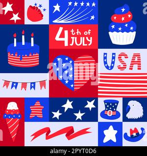 Quadratische Grußkarte mit patriotischen Symblos des Unabhängigkeitstages der USA. Poster für soziale Medien am 4. Juli. Nationale amerikanische Symbole in flacher Cartoon St. Stock Vektor