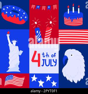 Quadratisches grafisches Poster mit nationalen Symblos des Unabhängigkeitstages der USA. Geometrische Grußkarte für den 4. Juli. Patriotische Elemente im flachen Cartoon-Stil Stock Vektor