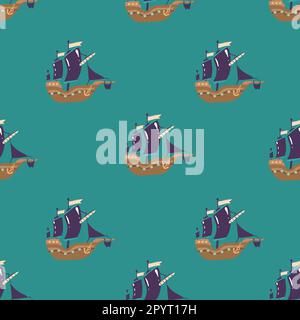 Piratenschiff, Flagge, Anker. Nahtloses Muster mit handgezeichneter Vektordarstellung Stock Vektor