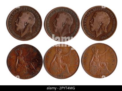 King George V alte Penny-Münzen aus Großbritannien, die vorne und hinten zeigen. Stockfoto