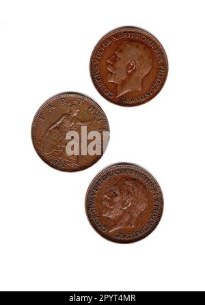 King George V alte Penny-Münzen aus Großbritannien, die vorne und hinten zeigen. Stockfoto