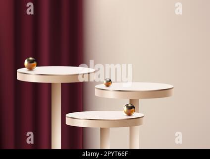 3D realistische, moderne, luxuriöse, goldene runde Tische oder Podiumdekoration mit goldenen Kugeln und roten Vorhängen auf beigefarbenem Hintergrund. Sie können für verwenden Stock Vektor