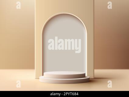 3D realistische, moderne Luxusausführung leeres beigefarbenes Podium und abgerundete Tür auf braunem Hintergrund. Sie können für Präsentationsmodelle zur Produktdarstellung verwenden Stock Vektor