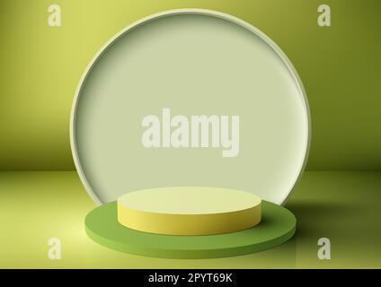 3D realistische Produkte zeigen grüne und gelbe Podiumschritte mit kreisförmigem Hintergrund minimale Wandszene auf grünem Hintergrund. Sie können für Produkt verwenden Stock Vektor