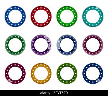 Sammlung von Rahmenrahmen für abgerundete Etiketten. Farbenfroher Abzeichen-Kreis Mit Stern Stock Vektor
