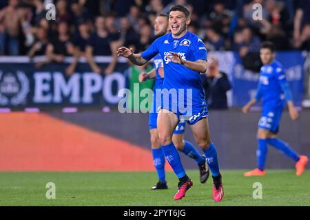 Carlo Castellani Stadion, Empoli, Italien, 04. Mai 2023, Nicolo Cambiaghi (Empoli FC) feiert, nachdem er beim Empoli FC gegen Bologna FC ein Tor geschossen hat – Stockfoto