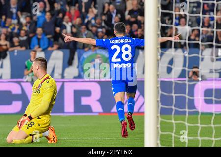 Carlo Castellani Stadion, Empoli, Italien, 04. Mai 2023, Nicolo Cambiaghi (Empoli FC) feiert, nachdem er beim Empoli FC gegen Bologna FC ein Tor geschossen hat – Stockfoto