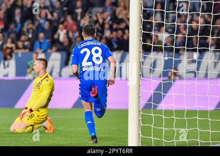 Empoli, Italien. 04. Mai 2023. Nicolo Cambiaghi (Empoli FC) feiert nach einem Tor beim Spiel Empoli FC gegen Bologna FC, italienischer Fußball Serie A in Empoli, Italien, Mai 04 2023 Kredit: Independent Photo Agency/Alamy Live News Stockfoto