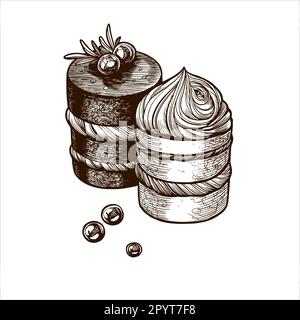 Köstlicher handgezeichneter cremiger Keks mit Beeren. Gravierstift Bleistift Vintage-Vektor linearzeichnung auf weißem Hintergrund. Sammlung von Stock Vektor