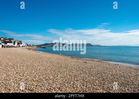 Blick vom Front Beach, Lyme Regis, Blick nach Osten in Richtung Charmouth und Golden Cap, Dorset Stockfoto