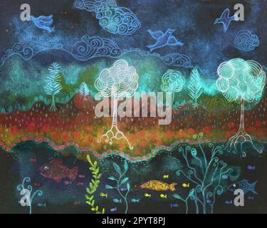 Träumen Sie in einer Nachtlandschaft. Das Abtasten in der Nähe der Kanten sorgt aufgrund der veränderten Oberflächenrauheit des Papiers für einen weichen Fokus. Stockfoto